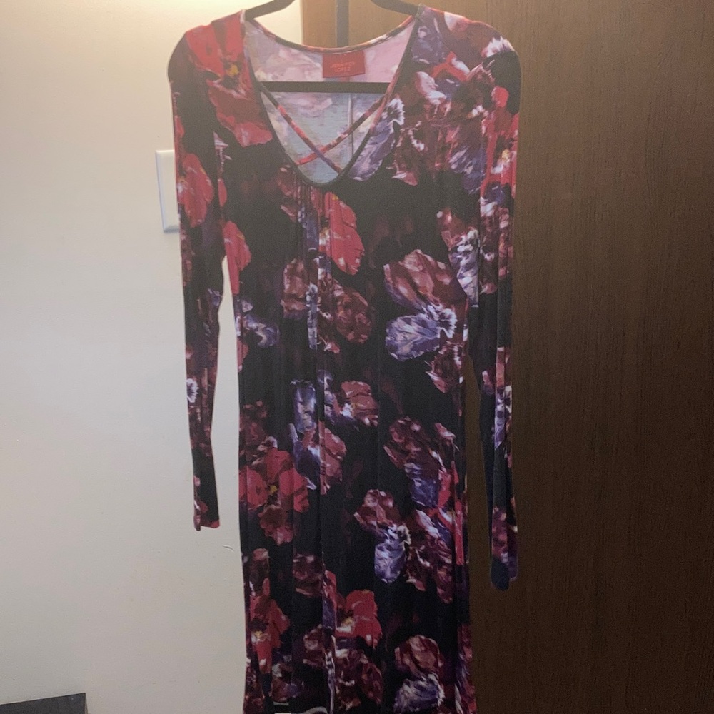 Jennifer Lopez Long Sleeve Floral Crisscross Dress - Burgundy, Purple